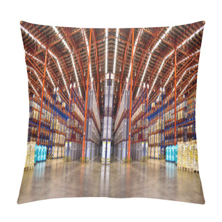 Personality  Warehouse Industrial And Logistics Companies. Commercial Warehouse. Huge Distribution Warehouse With High Shelves. Low Angle View. Pillow Covers