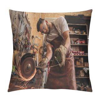 Personality  Handsome Repair Workshop Worker Using Grinding Machine At Garage Pillow Covers