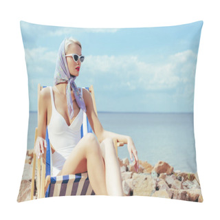 Personality  Attractive Stylish Girl In Vintage Swimsuit And Silk Scarf Relaxing In Beach Chair On Rocky Shore Pillow Covers
