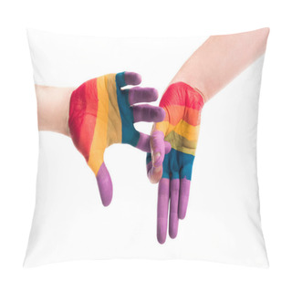 Personality  Cropped Image Of Gay Couple Showing Penetration Sign With Hands Painted In Colors Of Pride Flag Isolated On White, World Aids Day Concept Pillow Covers