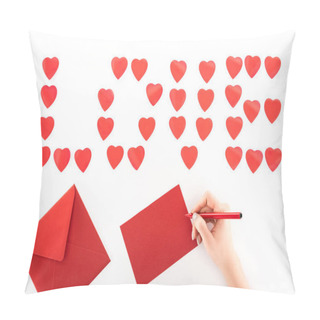 Personality  Partial View Of Woman Writing Greeting Card Under Lettering Love Made Of Red Heart Symbols Isolated On White, St Valentine Day Concept Pillow Covers