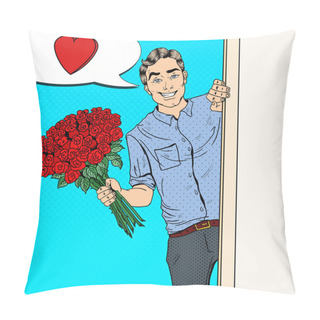 Personality  Pop Art Handsome Man With Flowers Bouquet Roses. Vector Illustration Pillow Covers