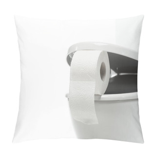 Personality  Close Up View Of Ceramic Clean Toilet Bowl With Toilet Paper Isolated On White Pillow Covers
