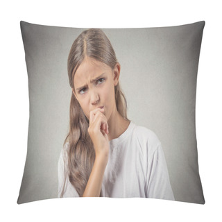 Personality  Skeptical Young Girl Looking Suspicious Pillow Covers
