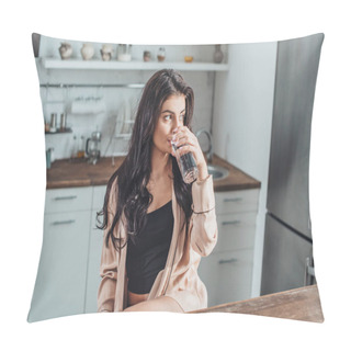 Personality  Girl Drinking Water And Sitting At Wooden Tabletop In Kitchen At Home Pillow Covers