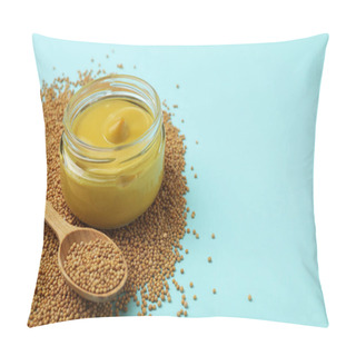 Personality  Jar With Mustard And Spoon With Seeds On Blue Background Pillow Covers