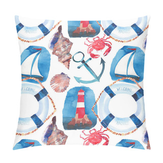 Personality  Beautiful Bright Colorful Lovely Summer Marine Beach Pattern Of Lifebuoy, Blue Anchor, Red White Seamark, Red Crabs, Pastel Cute Seashells And Dark Blue Anchor Watercolor Hand Illustration Pillow Covers