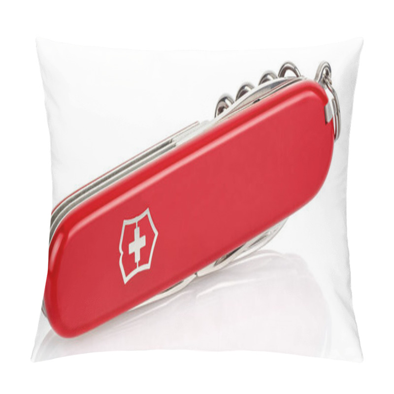 Personality  Moscow, Russia - May 15, 2020: View Of Closed Red Victorinox Classical Swiss Pocket Foldable Knife Isolated On White Background With Reflection On Glossy Surface Pillow Covers
