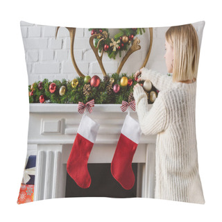 Personality  Young Woman Adjusting Christmas Baubles At Fireplace Pillow Covers