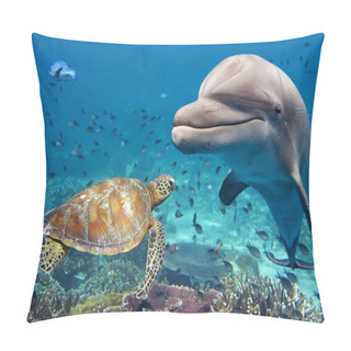 Personality  Dolphin And Turtle Underwater On Reef Pillow Covers