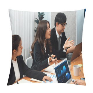 Personality  Business Team Of Financial Data Analysis Meeting With Business Intelligence, Report Paper And Dashboard On Laptop For Marketing Strategy. Business People Working Together To Promote Harmony In Office. Pillow Covers