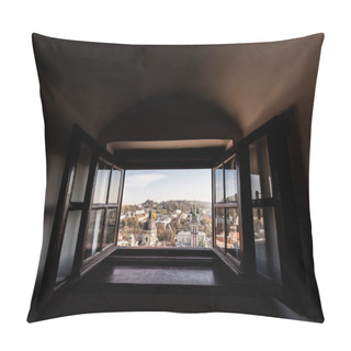 Personality  Scenic View Of Latin Cathedral And Carmelite Church Through Open Window In Lviv, Ukraine Pillow Covers