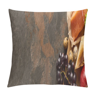 Personality  Panoramic Shot Of Raw Salmon With Quail Eggs, Grape, Apple, Baguette On Marble Surface Pillow Covers