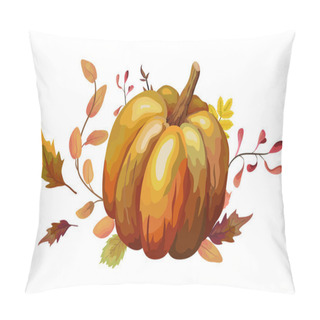 Personality  Vector Floral Watercolor Style Card Design Autumn Season With Orange Big Pumpkin, Yellow Brown Red Twigs Forest Fall Leaves Herbal Mix. Greeting, Postcard Wedding Invite Decorative Nature Illustration Pillow Covers