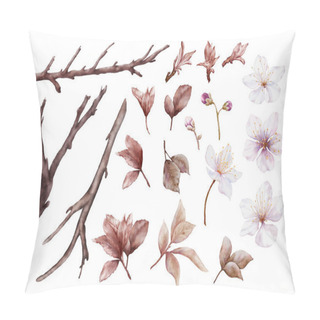 Personality  Set Of Watercolor Viva Magenta Cherry Blossoms Blooming Elements. Cherry Blossom, Leaves Branch, And Stem Isolated On White Background. Suitable For Decorative Invitations, Posters, Or Cards. Pillow Covers