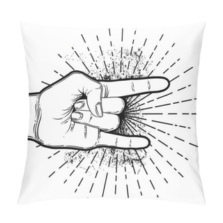 Personality  Rock And Roll Sign. Hand Drawn Illustration Of Human Hand Showin Pillow Covers