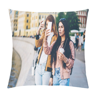 Personality  Two Female Tourists With Coffee In Hand Walking In New Town And Making Photo On Modern Telephone Devices.Best Friends Travellers Fascinated By Beauty Of City Taking Cool Pictures On Smartphone Pillow Covers