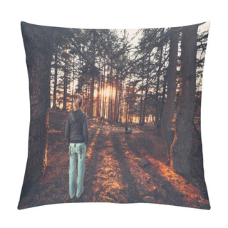 Personality  Woman Walking Her Dog In The Forest Pillow Covers