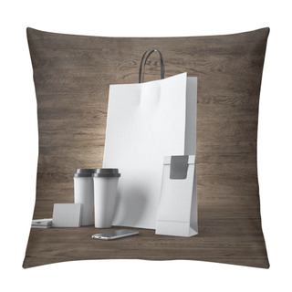 Personality  Set Of White Craft Shopping Bag, Two Coffee Cups, Business Cards. Wood Background. 3d Render Pillow Covers