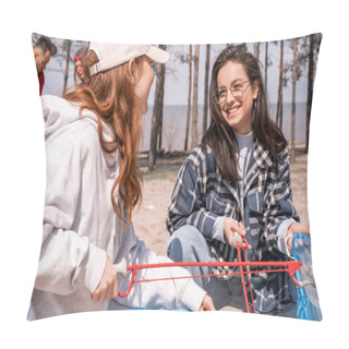 Personality  Happy Young Women With Grabbers Picking Up Garbage Outside  Pillow Covers