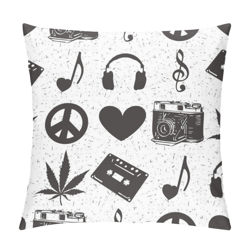 Personality  Hippie seamless pattern with marijuana leaves, headphones, old camera, heart, music note, cassette records isolated on white.  pillow covers