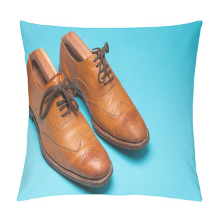 Personality  A Pair Of Tan Fashionable Mens Brogue Shoes On A Bright Blue Background Pillow Covers
