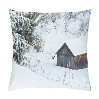 Personality  Aged Wooden House In Snowy Mountains Near Trees Pillow Covers