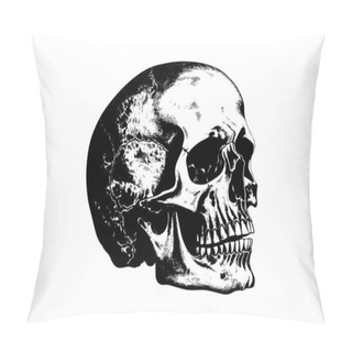 Personality  Human Skull Hand Drawn Sketch In Woodcut Style. Vector Engraving Sketch Illustration Pillow Covers
