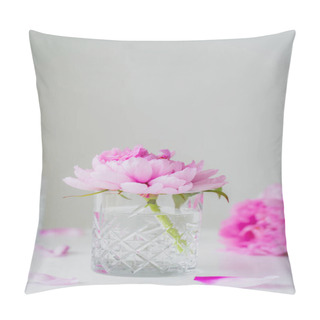 Personality  Pink Peony In Faceted Glass With Pure Water On White Surface Isolated On Grey Pillow Covers