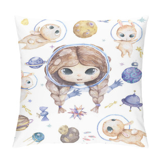 Personality  Cute Smiling Girl Brown Hair Flowers In Head Take Blue Planet In Hands Set Of Satellites, Planet And Funny Hamster Watercolor Set With Space Objects Isolated On White Cartoon Illustration For Children Pillow Covers