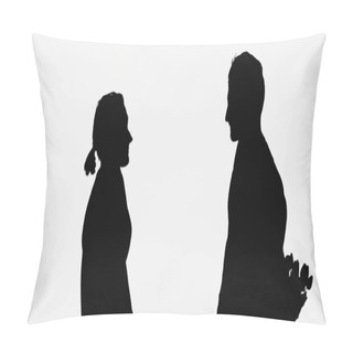 Personality  Black Silhouette Of Man Holding Bouquet Behind Back Near Woman Isolated On White Pillow Covers