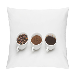 Personality  Cups With Ground And Prepared Coffee Near Beans On White Pillow Covers