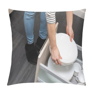 Personality  A Teenager Helps To Stack Plates For Individual Drawers In The Kitchen After Removing Them From The Dishwasher. Pillow Covers
