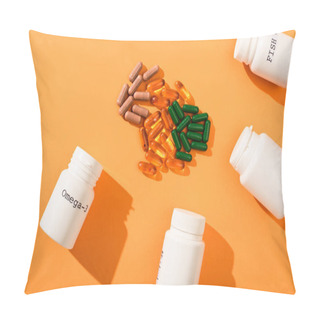 Personality  Top View Of Containers With Omega-3 And Fish Oil Lettering Near Capsules On Orange Background Pillow Covers