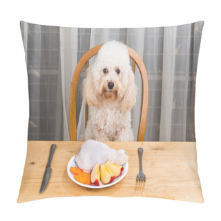 Personality  Concept Of Dog Having Delicious Raw Meat Meal On Table. Pillow Covers