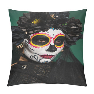 Personality  Woman In Black Wreath And Halloween Day Of Death Makeup Posing Isolated On Green  Pillow Covers