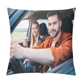 Personality  Portrait Of Young Man Sitting Behind Car Wheel And His Girlfriend With Paper Cup Of Coffee  Pillow Covers