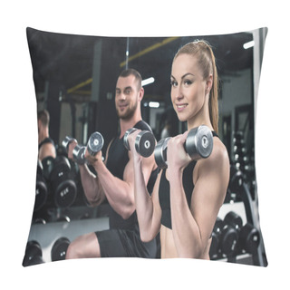 Personality  Young Couple Training With Dumbbells Together Pillow Covers