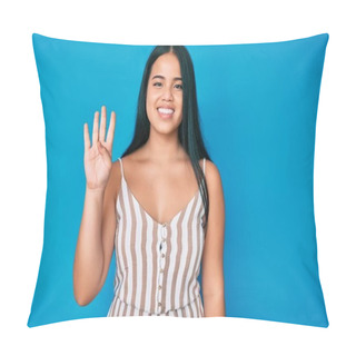 Personality  Young Beautiful Asian Girl Wearing Casual Clothes Showing And Pointing Up With Fingers Number Four While Smiling Confident And Happy.  Pillow Covers