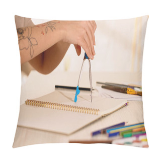 Personality  Partial View Of Tattooed Woman Drawing With Compass On Sketchbook At Home  Pillow Covers