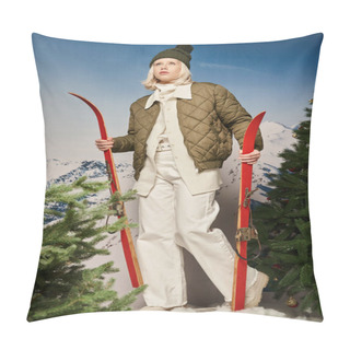 Personality  Stylish Blonde Woman In Bobble Hat And Winter Jacket With Skis Next To Pine Trees, Winter Concept Pillow Covers