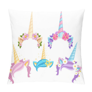 Personality  Collection Of Unicorn Tiaras With Flowers And Leaf. Vector Fashion Accessory Headband. Vector Illustration Isolated On White Background. Pillow Covers