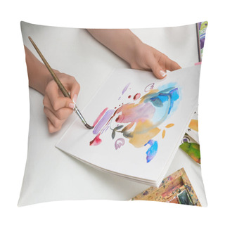 Personality  Selective Focus Of Female Hands Painting With Watercolors Paints And Paintbrush On White Paper Pillow Covers
