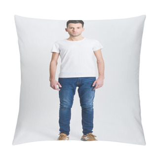 Personality  Serious Young Man Standing Against White Background  Pillow Covers
