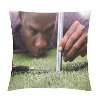Personality  Close-up Of A Man Cutting Green Grass Measured With Ruler Pillow Covers