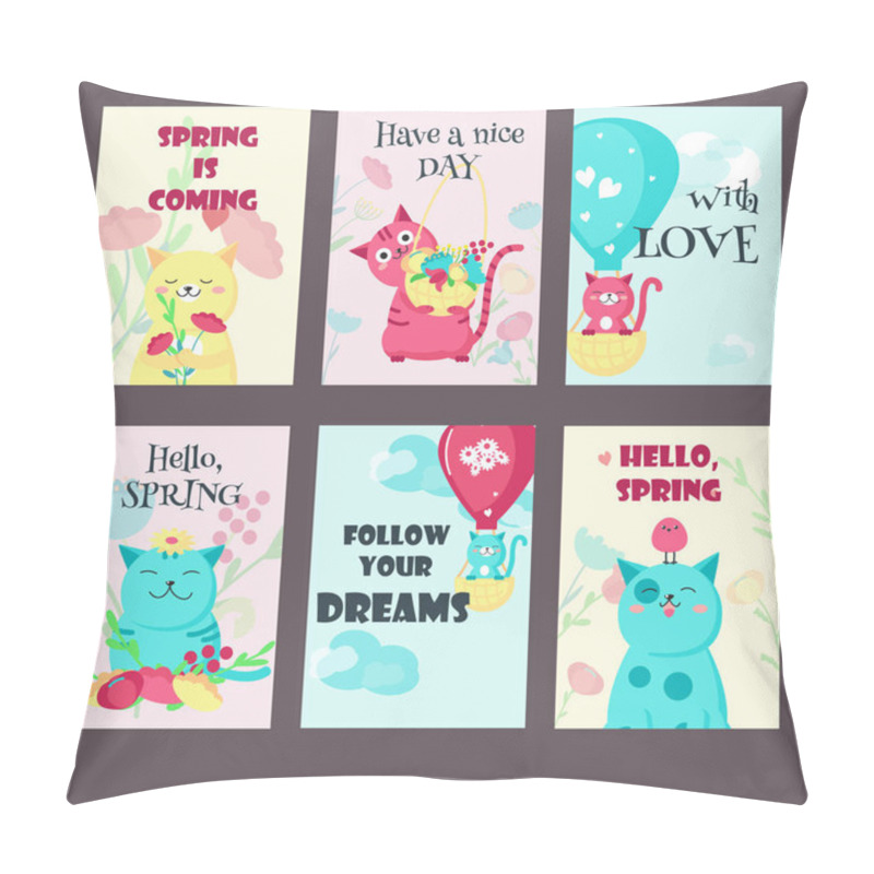 Personality  Vector Set Of Spring Cards With Cute Cats And Inspirational Quotes Pillow Covers