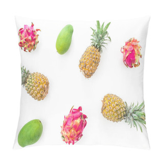 Personality  Tropical Fruit Pattern With Pineapple, Mango And Dragon Fruits On White Background. Flat Lay, Top View Pillow Covers