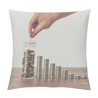 Personality  Cropped Image Of Man Putting Coin Into Jar On Wooden Table, Saving Concept Pillow Covers