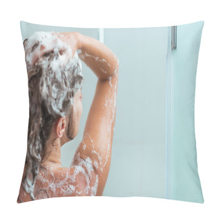 Personality  Woman Applying Shampoo In Shower. Rear View Pillow Covers