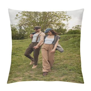 Personality  Full Length Of Trendy Romantic Couple In Rural Outfits, Newsboy Caps And Suspenders Holding Hands And Walking Together On Grassy Field At Summer, Trendy Twosome In Rustic Setting Pillow Covers
